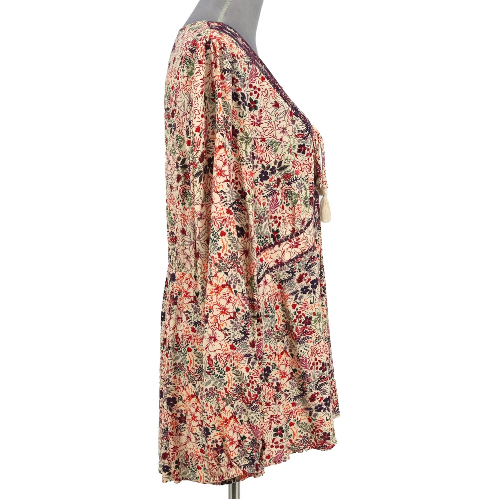 Torrid Top 1 Plus Size 1X Beige Purple Floral Blouse Tasseled Embroidered Boho - Picture 6 of 15